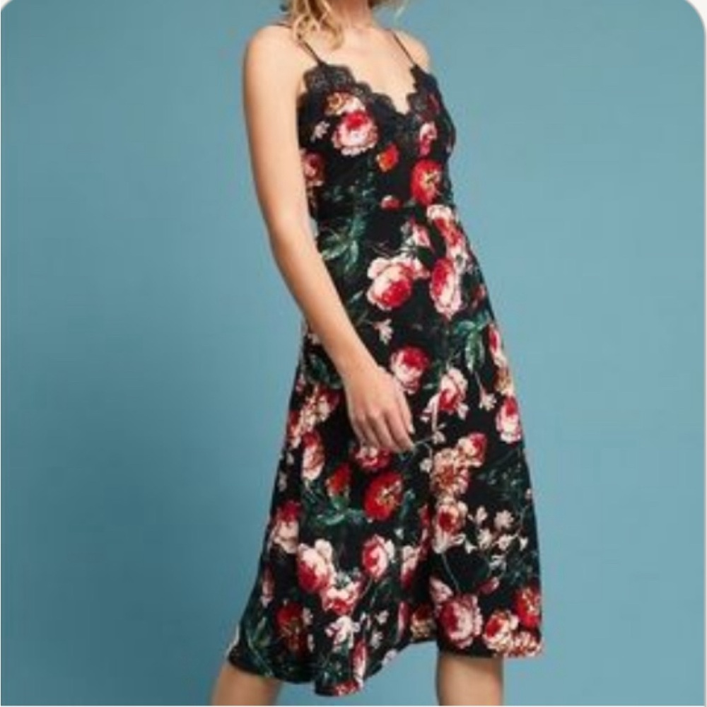 Foxiedox Autumnal Black and Red Floral Lace Sleeveless Slip Dress Sz M